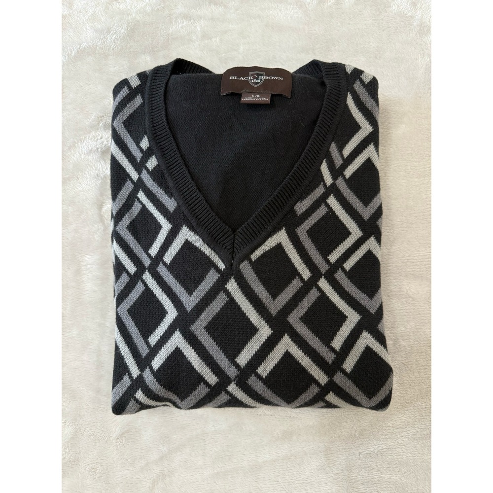 Black Brown 1826 Sweater Vest Mens L/G Long Sleeve Diamond Knit V‎ Neck